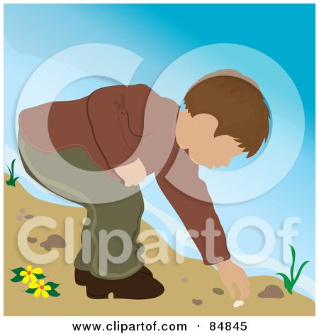 Royalty-Free (RF) Clipart Illustration of a Brunette Caucasian Boy On A Beach, Bending Over To Pick Up A Shell by Pams Clipart