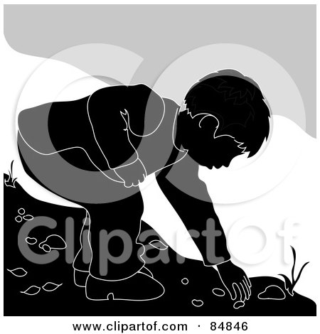 Royalty-Free (RF) Clipart Illustration of a Black And White Boy On A Beach, Bending Over To Pick Up A Shell by Pams Clipart