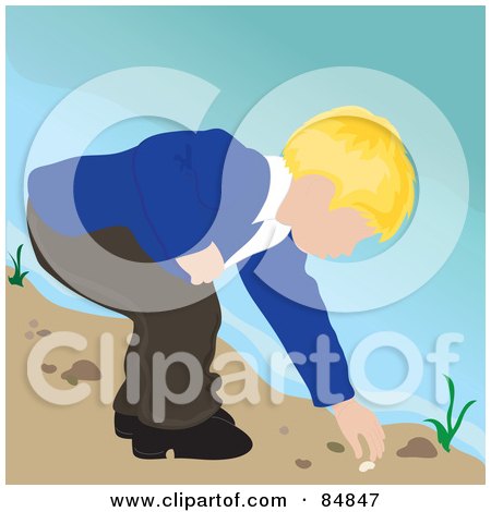 Royalty-Free (RF) Clipart Illustration of a Blond Caucasian Boy On A Beach, Bending Over To Pick Up A Shell by Pams Clipart