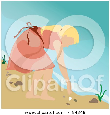 Royalty-Free (RF) Clipart Illustration of a Blond Caucasian Girl Bending Over To Pick Up A Seashell On A Beach by Pams Clipart