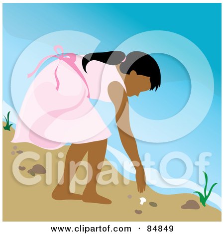 Royalty-Free (RF) Clipart Illustration of an Indian Girl Bending Over To Pick Up A Seashell On A Beach by Pams Clipart