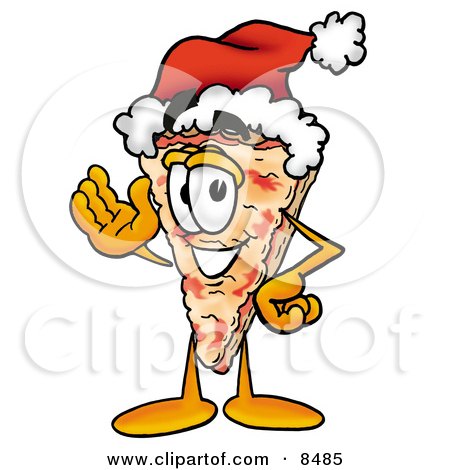 Clipart Picture of a Slice of Pizza Mascot Cartoon Character Wearing a Santa Hat and Waving by Mascot Junction