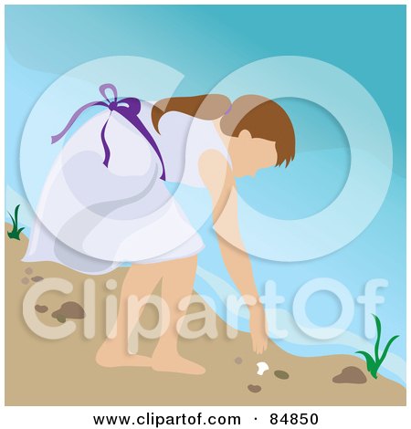 Royalty-Free (RF) Clipart Illustration of a Brunette Caucasian Girl Bending Over To Pick Up A Seashell On A Beach by Pams Clipart