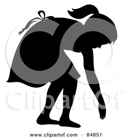 Royalty-Free (RF) Clipart Illustration of a Silhouetted Girl Bending Over To Pick Up A Seashell On A Beach by Pams Clipart