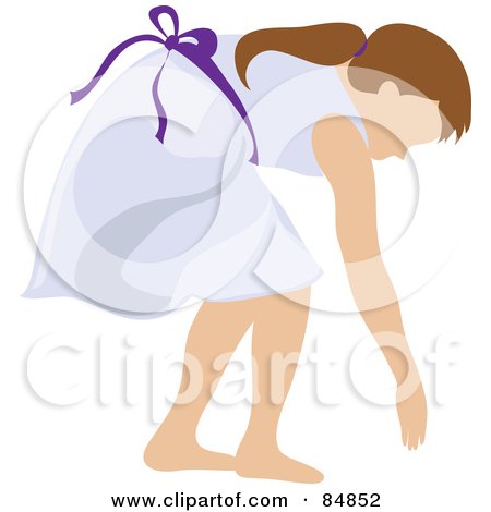 Royalty-Free (RF) Clipart Illustration of a Brunette Caucasian Girl In A Purple Dress, Bending Over To Pick Something Up by Pams Clipart