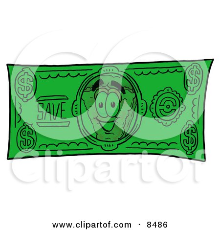 Clipart Picture of a Slice of Pizza Mascot Cartoon Character on a Dollar Bill by Mascot Junction