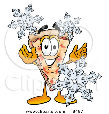 Clipart Picture of a Slice of Pizza Mascot Cartoon Character With Three Snowflakes in Winter by Mascot Junction