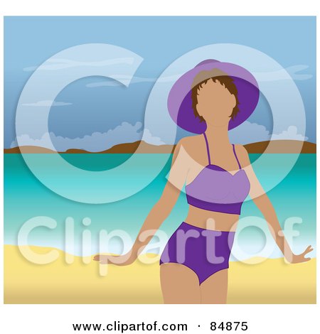 Royalty-Free (RF) Clipart Illustration of a Faceless Woman In A Purple Swimsuit And Hat, Standing On A Tropical Beach by Pams Clipart