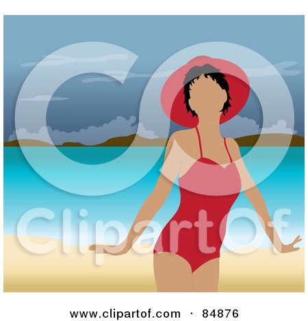 Royalty-Free (RF) Clipart Illustration of a Faceless Woman In A Red Swimsuit And Hat, Standing On A Tropical Beach by Pams Clipart