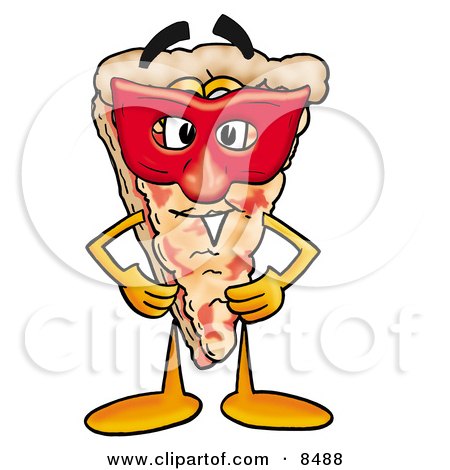 Clipart Picture of a Slice of Pizza Mascot Cartoon Character Wearing a Red Mask Over His Face by Mascot Junction