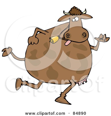 Royalty-Free (RF) Clipart Illustration of a Brown Cow Wearing A Bell And Running On Its Hind Legs by djart
