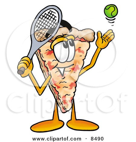 Clipart Picture of a Slice of Pizza Mascot Cartoon Character Preparing to Hit a Tennis Ball by Mascot Junction