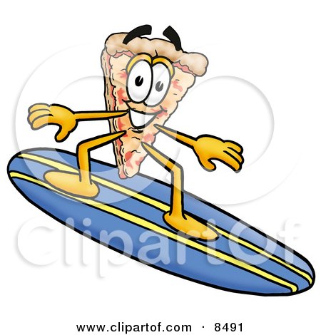 Clipart Picture of a Slice of Pizza Mascot Cartoon Character Surfing on a Blue and Yellow Surfboard by Mascot Junction