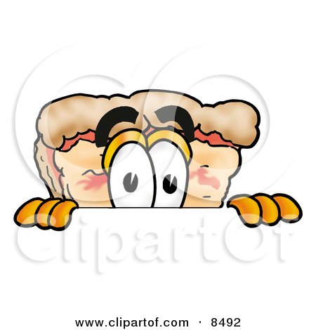 Clipart Picture of a Slice of Pizza Mascot Cartoon Character Peeking Over a Surface by Mascot Junction