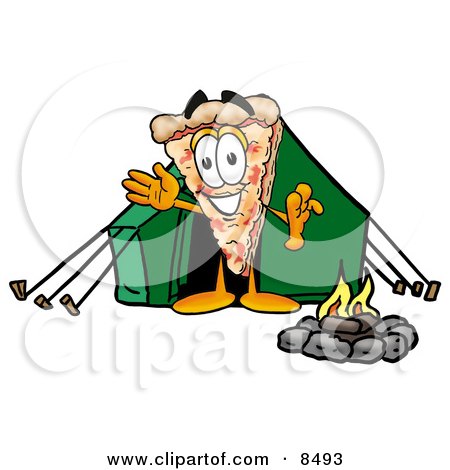 Clipart Picture of a Slice of Pizza Mascot Cartoon Character Camping With a Tent and Fire by Mascot Junction