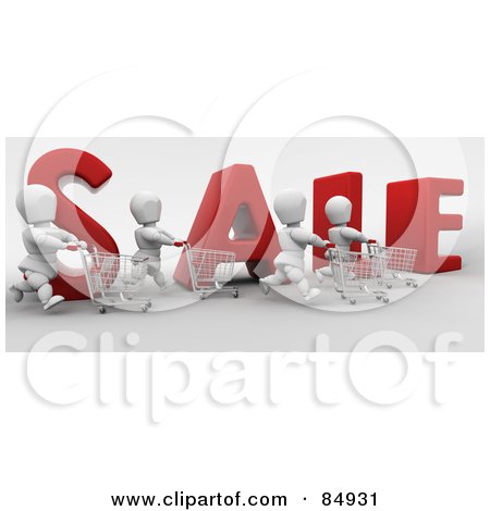Royalty-Free (RF) Clipart Illustration of Four 3d White Characters Pushing Shopping Carts By The Large Word Sale by KJ Pargeter