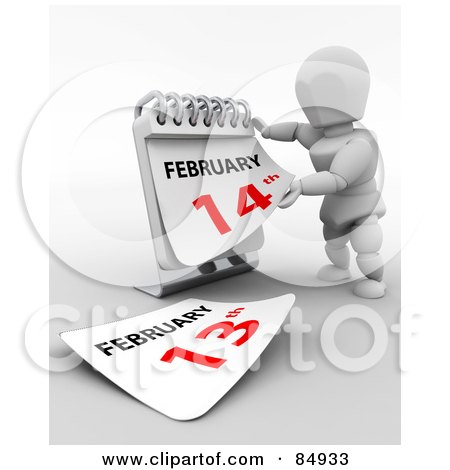 Royalty-Free (RF) Clipart Illustration of a 3d White Character Revealing February 14th On A Desk Calendar by KJ Pargeter