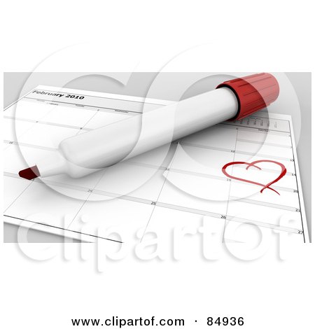 Royalty-Free (RF) Clipart Illustration of a 3d Marker Over A February Calendar With A Heart Around The 14th by KJ Pargeter