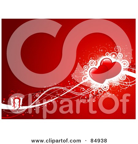 Royalty-Free (RF) Clipart Illustration of a Red Background With A Present And Two Hearts On Waves by KJ Pargeter