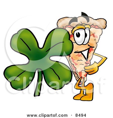 Clipart Picture of a Slice of Pizza Mascot Cartoon Character With a Green Four Leaf Clover on St Paddy's or St Patricks Day by Mascot Junction