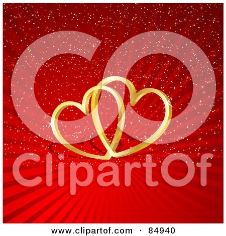 Royalty-Free (RF) Clipart Illustration of Two 3d Golden Interlocked Hearts With A Shadow Over A Red Shining Background by KJ Pargeter