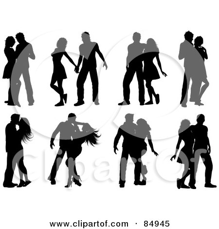 Royalty-Free (RF) Clipart Illustration of a Digital Collage Of Black Silhouetted Couples Embracing by KJ Pargeter