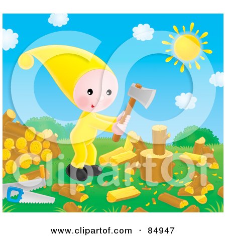 Royalty-Free (RF) Clipart Illustration of a Happy Little Elf Chopping Wood On A Sunny Day by Alex Bannykh