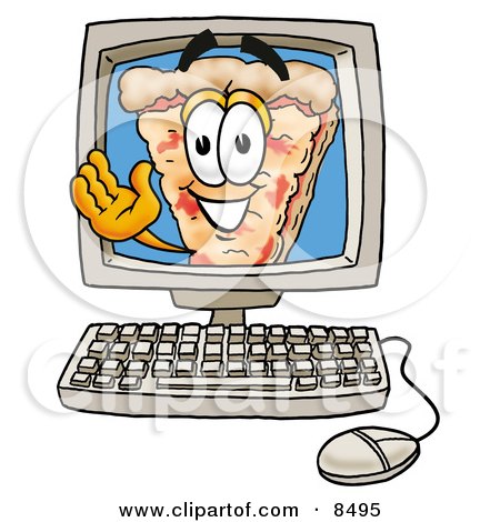 Clipart Picture of a Slice of Pizza Mascot Cartoon Character Waving From Inside a Computer Screen by Mascot Junction