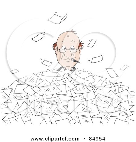 Royalty-Free (RF) Clipart Illustration of a Busy Businessman Nibbling On A Pen And Peeping Out Of A Pile Of Job Applications Or Paperwork by Alex Bannykh