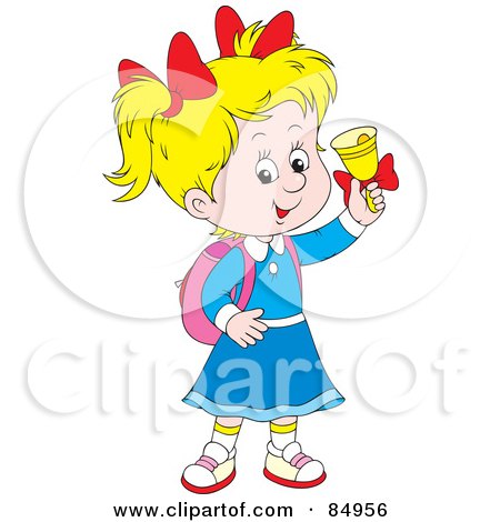 Royalty-Free (RF) Clipart Illustration of a Blond Caucasian School Girl Ringing A Bell by Alex Bannykh