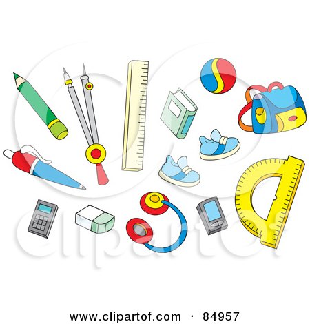 Royalty-Free (RF) Clipart Illustration of a Digital Collage Of Scattered School Items by Alex Bannykh