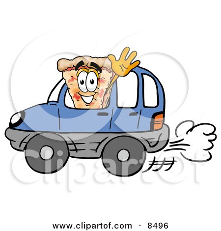 Clipart Picture of a Slice of Pizza Mascot Cartoon Character Driving a Blue Car and Waving by Mascot Junction