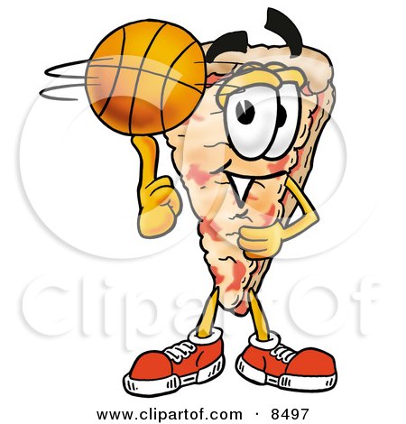 Clipart Picture of a Slice of Pizza Mascot Cartoon Character Spinning a Basketball on His Finger by Mascot Junction