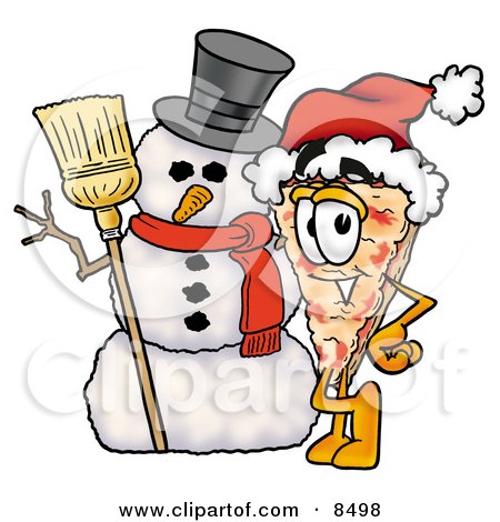 Clipart Picture of a Slice of Pizza Mascot Cartoon Character With a Snowman on Christmas by Mascot Junction