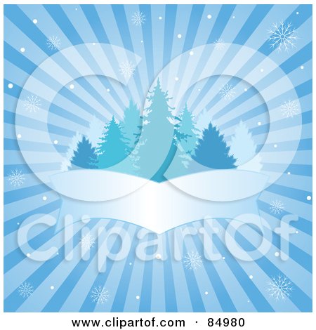 Royalty-Free (RF) Clipart Illustration of a Blue Bursting Winter Background With Snowflakes, Evergreens And A Blank Banner by Pushkin