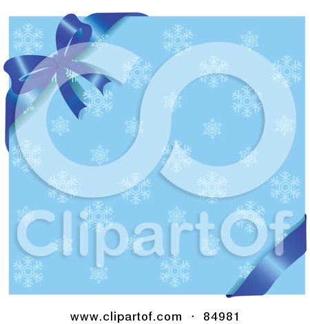 Royalty-Free (RF) Clipart Illustration of a Blue Ribbon And Bow On The Corner Of A Blue Snowflake Background by Pushkin
