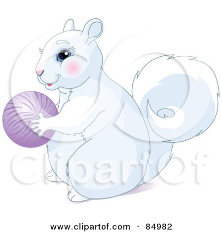 Royalty-Free (RF) Clipart Illustration of a Cute White Squirrel Holding A Purple Ball by Pushkin
