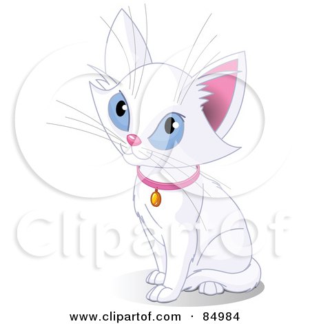 Royalty-Free (RF) Clipart Illustration of a Cute White Cat With Blue Eyes And Pink Ears, Wearing A Pink Collar by Pushkin