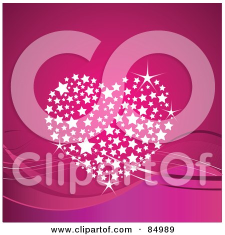Royalty-Free (RF) Clipart Illustration of a Sparkly Heart Made Of White Stars Over Waves On Pink by Pushkin