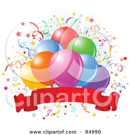 Royalty-Free (RF) Clipart Illustration of a Colorful Group Of Balloons And Confetti Over A Blank Red Banner by Pushkin