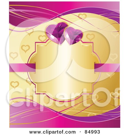 Royalty-Free (RF) Clipart Illustration of a Golden Heart Patterned Background With Purple Waves, A Blank Gold Text Box And Gem Hearts by Pushkin