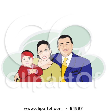 Royalty-Free (RF) Clipart Illustration of a Happy Hispanic Family With Mom, Dad And A Baby, Over Green Clouds by David Rey