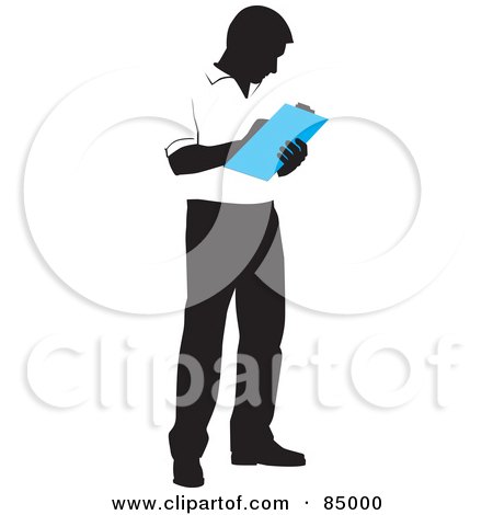 Royalty-Free (RF) Clipart Illustration of a Faceless Warehouse Worker Writing Notes On A Clipboard by David Rey