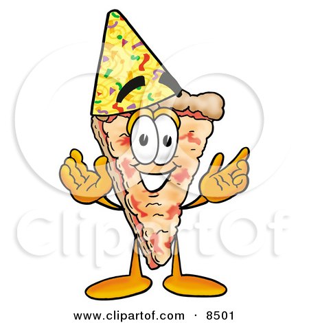 Clipart Picture of a Slice of Pizza Mascot Cartoon Character Wearing a Birthday Party Hat by Mascot Junction
