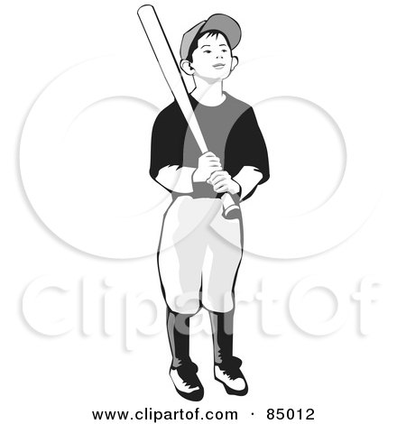 Royalty-Free (RF) Clipart Illustration of a Grayscale Baseball Boy Holding A Bat by David Rey