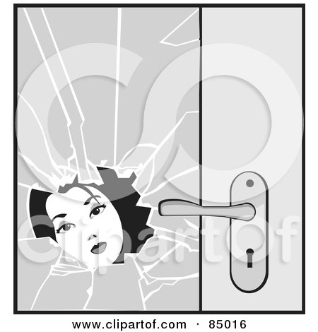 Royalty-Free (RF) Clipart Illustration of a Grayscale Womans Face Looking Through Broken Glass On A Door by David Rey
