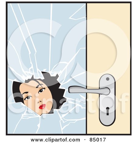 Royalty-Free (RF) Clipart Illustration of a Womans Face Looking Through Broken Glass On A Door by David Rey