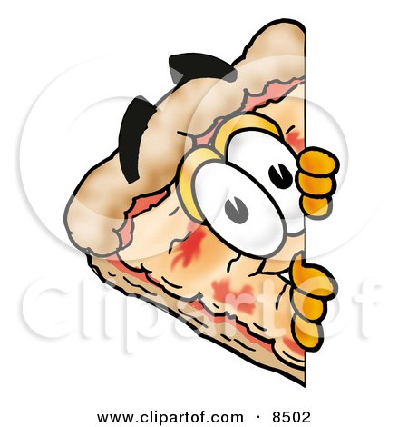 Clipart Picture of a Slice of Pizza Mascot Cartoon Character Peeking Around a Corner by Mascot Junction