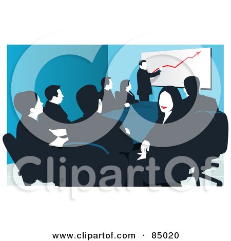 Royalty-Free (RF) Clipart Illustration of a Businessmen And Women In A Meeting With A Chart On The Board by David Rey