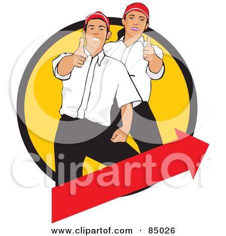 Royalty-Free (RF) Clipart Illustration of a Worker Man And Woman Holding Their Thumbs Up In A Yellow Circle Over A Red Arrow by David Rey